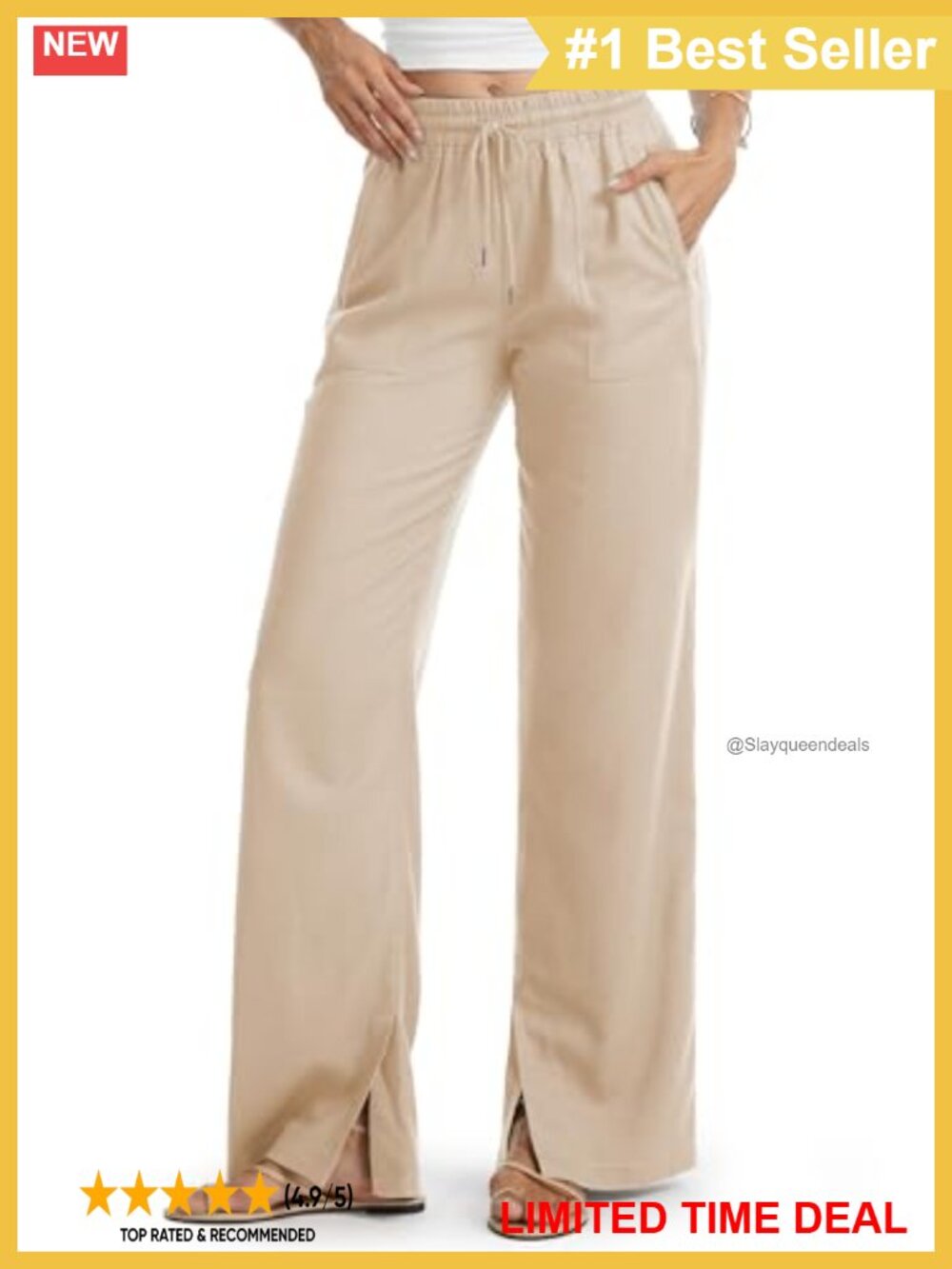 Tall Linen Wide Leg Palazzo Pants Side Slit Beach Lounge Pockets